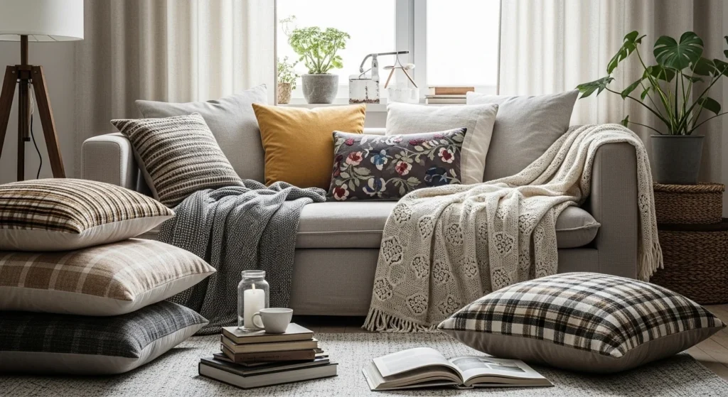 Living room with layered cushions, throws, and curtains, cozy 2026 remodel