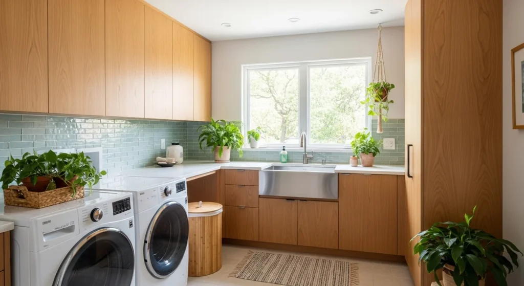 Eco-friendly laundry room with energy-efficient appliances and natural wood cabinets