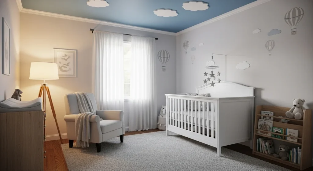 Baby room with painted sky blue ceiling and neutral decor