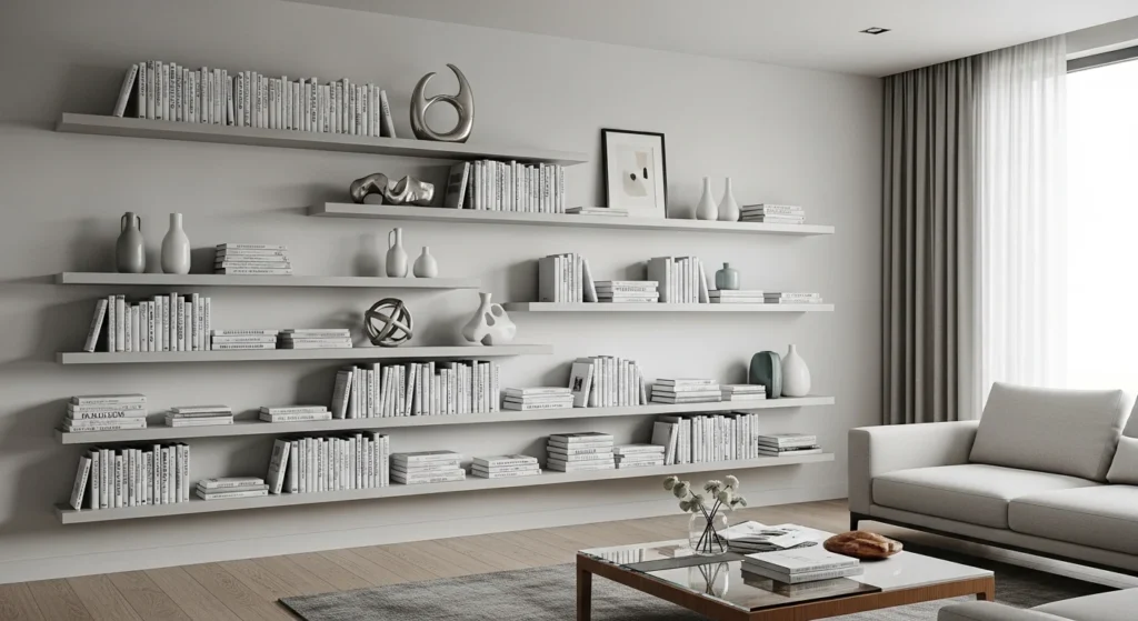 Contemporary parlor with floating shelves, books, decorative pieces, and neutral furniture