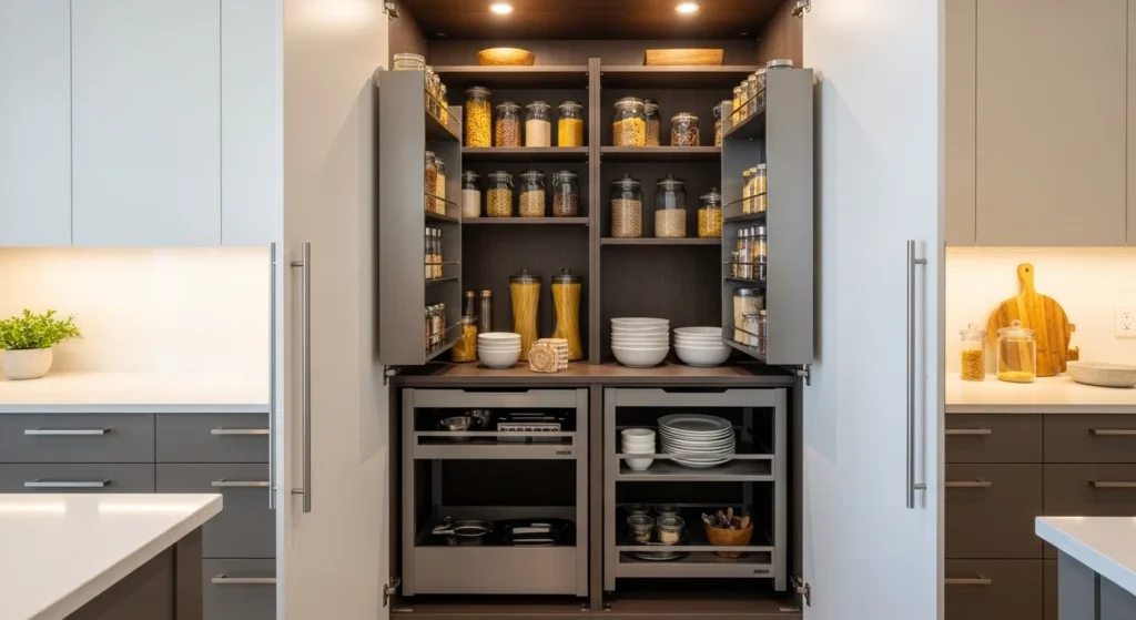 Modern pantry concealed behind cabinet doors, keeping kitchen clutter-free
