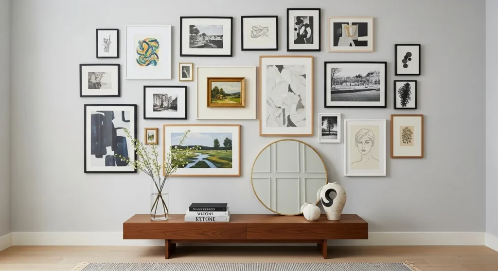 Entryway decorated with framed artwork gallery wall and console table