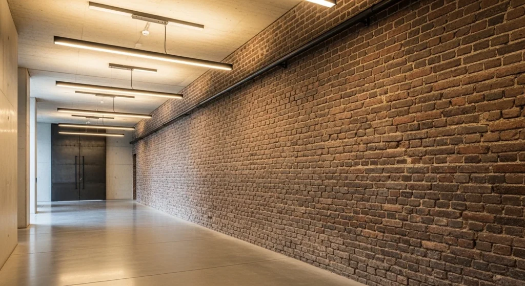 Industrial hallway with exposed brick wall and black metal lighting fixtures