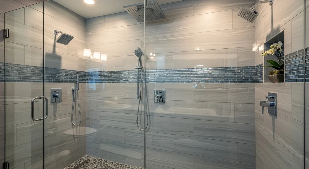 Modern shower featuring dual showerheads, glass enclosure, and contemporary tiles