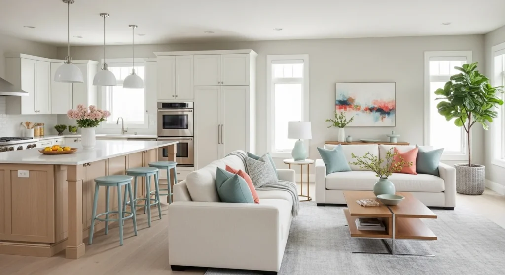 Open kitchen living room styled with soft color accents over a neutral modern base