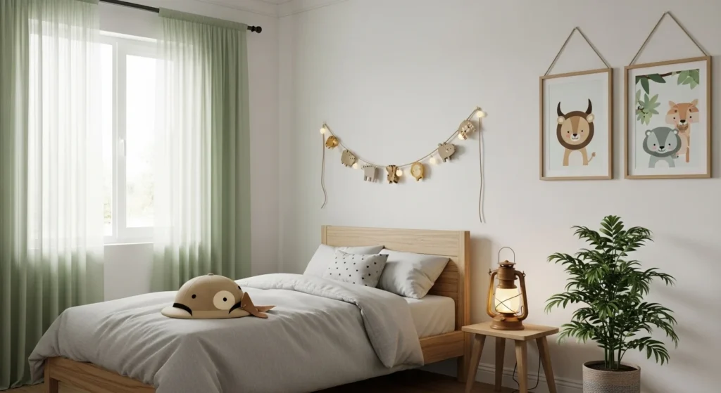safari themed kids bedroom with animal decor and green accents