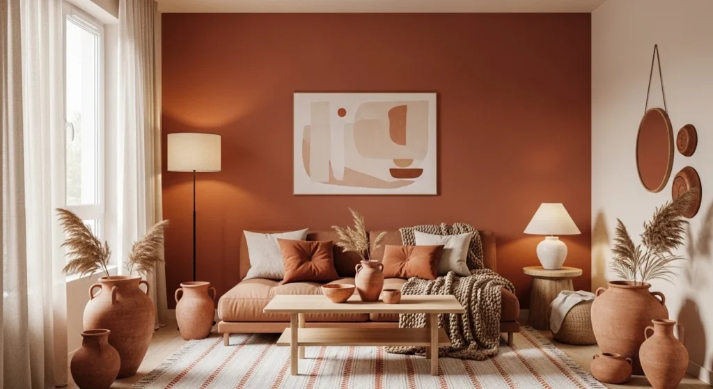 Apartment decorated with warm earth tones creating cozy modern atmosphere