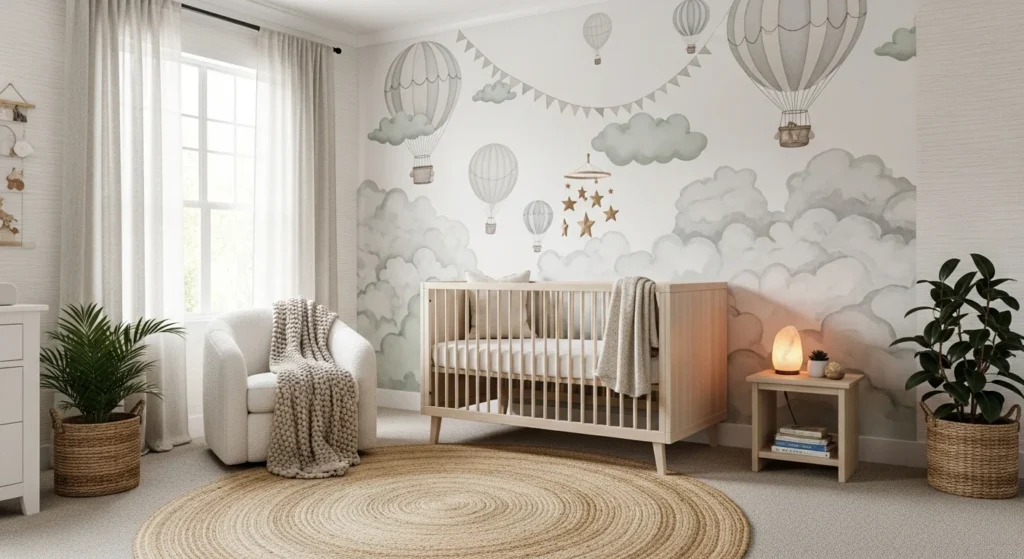 Nursery with accent wall behind crib, soft neutral tones, cozy modern 2026 interior