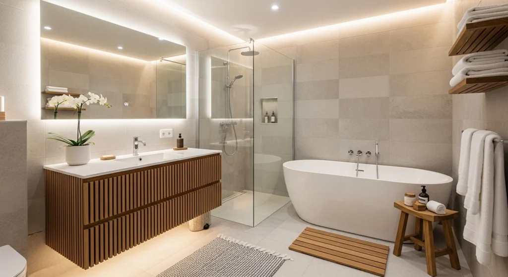Small bathroom with neutral tiles, wooden accents, cozy luxurious 2026 interior