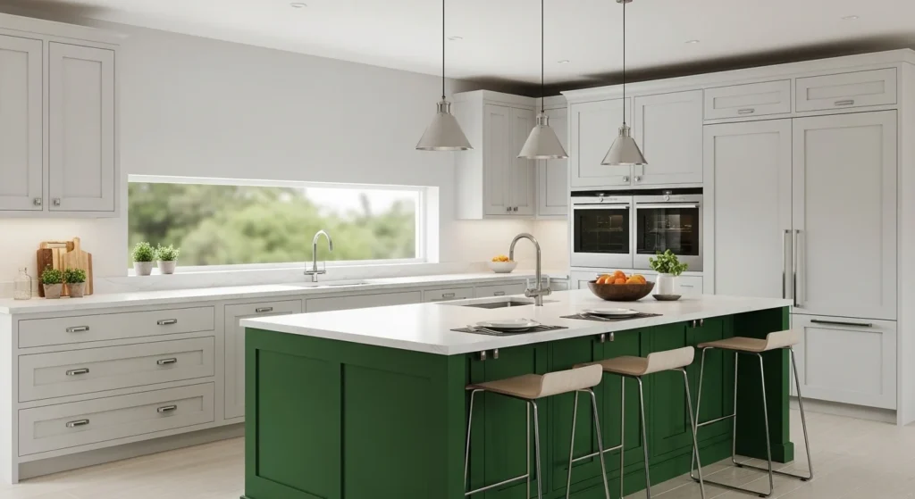 Neutral kitchen featuring bold green island centerpiece in modern layout