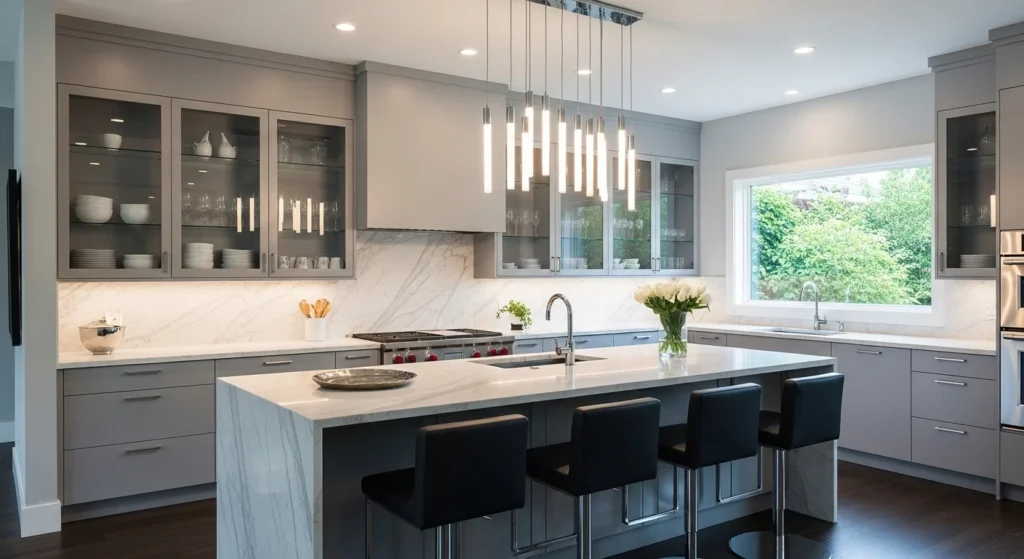 Elegant kitchen with glass-front cabinets displaying dishes and modern decor