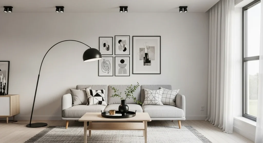 Nordic living room featuring black decor accents with neutral palette