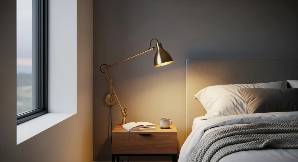 Woven rattan bedside lamp creating warm textured bohemian bedroom lighting