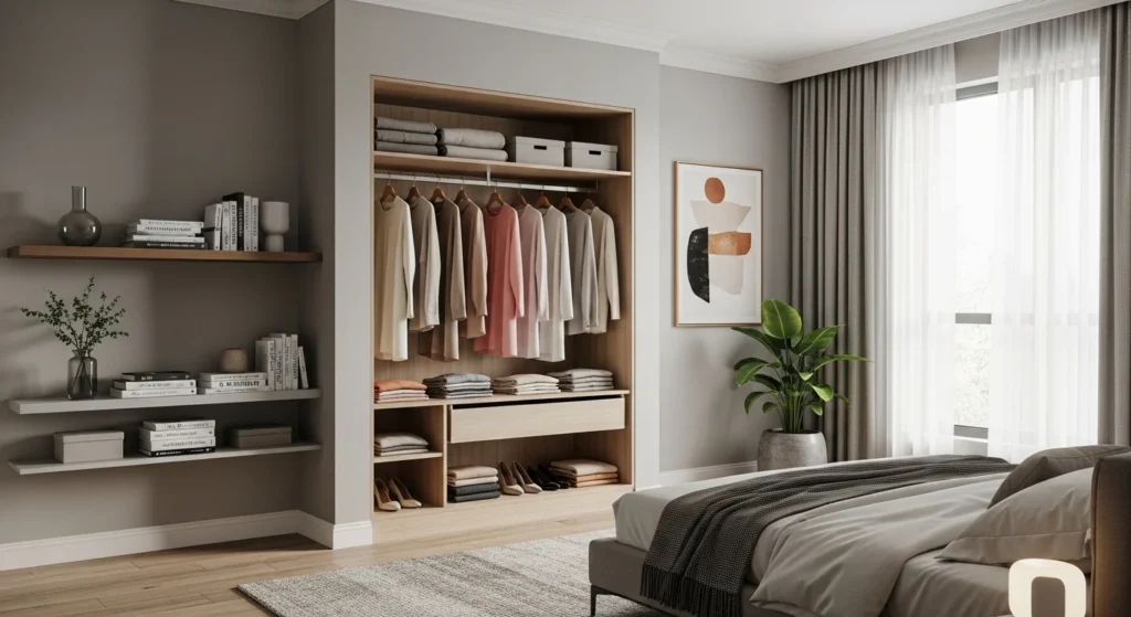 Bedroom with open wardrobe layout displaying organized clothing in modern style