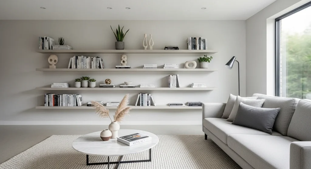 Alt Text:
Clean and organized modern living room with built-in shelves and minimal decor for 2026 interiors