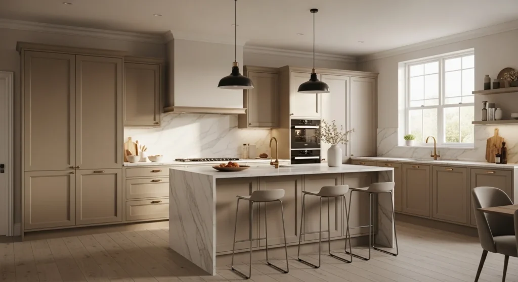 Beige and greige modern kitchen with cozy neutral color palette