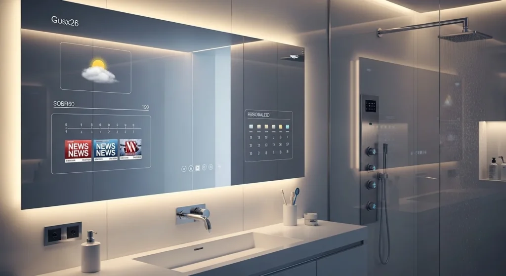futuristic bathroom with smart mirror and touchless modern technology features