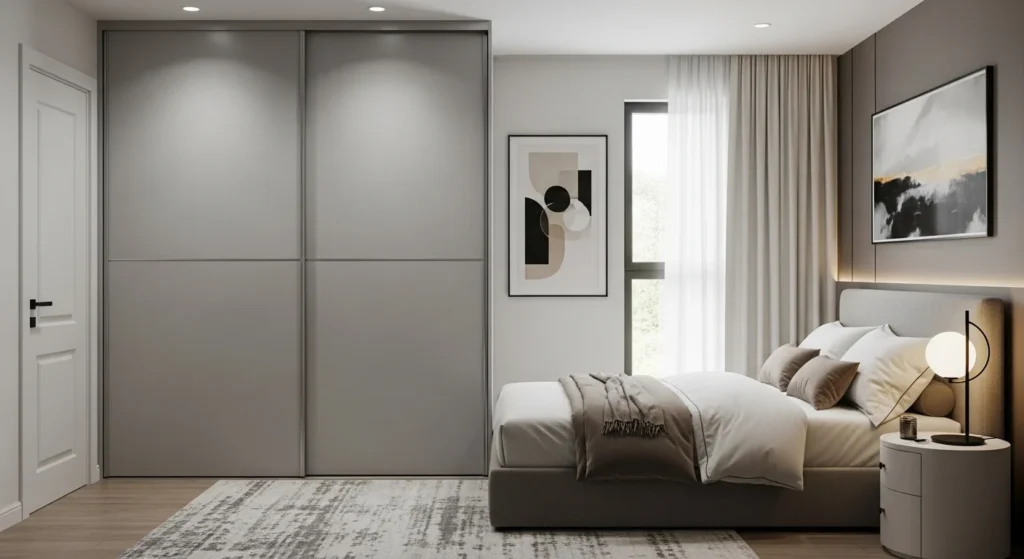small bedroom with sliding door wardrobe saving space in modern compact interior
