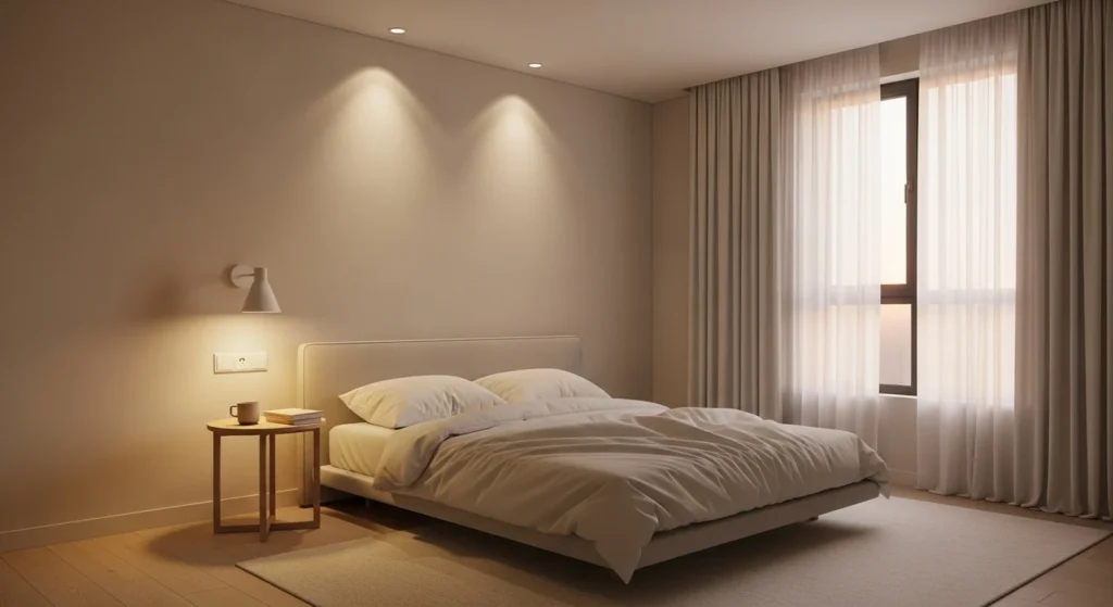 Minimalist bedroom with layered warm lighting creating a peaceful and relaxing atmosphere