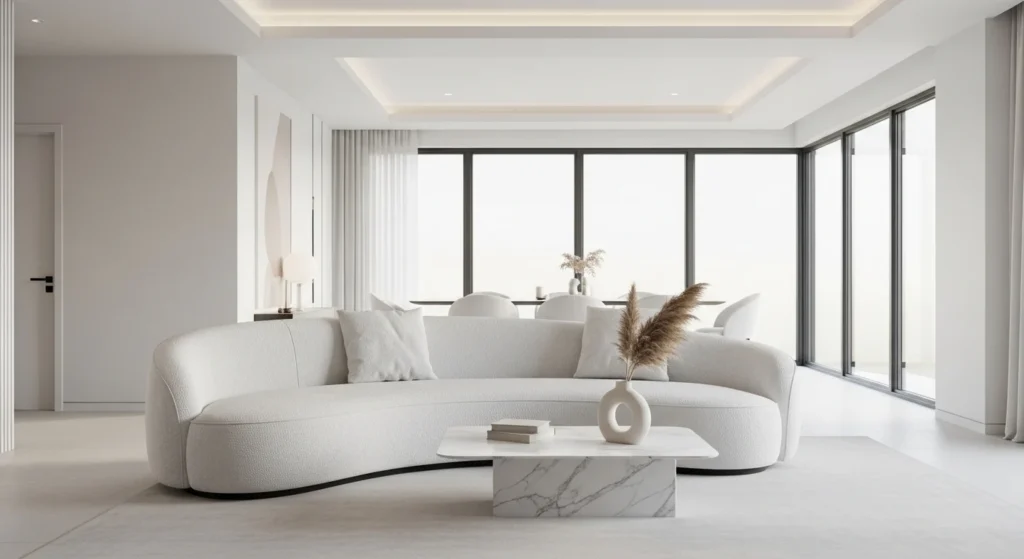 Modern white living room centered around a stylish statement sofa design