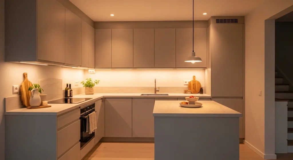 Cozy kitchen with matte cabinets and warm lighting creating a soft modern look