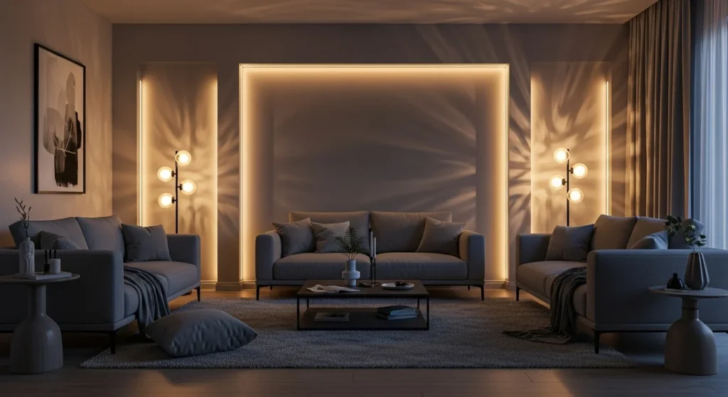 Cozy gray living room enhanced with warm ambient lighting design.