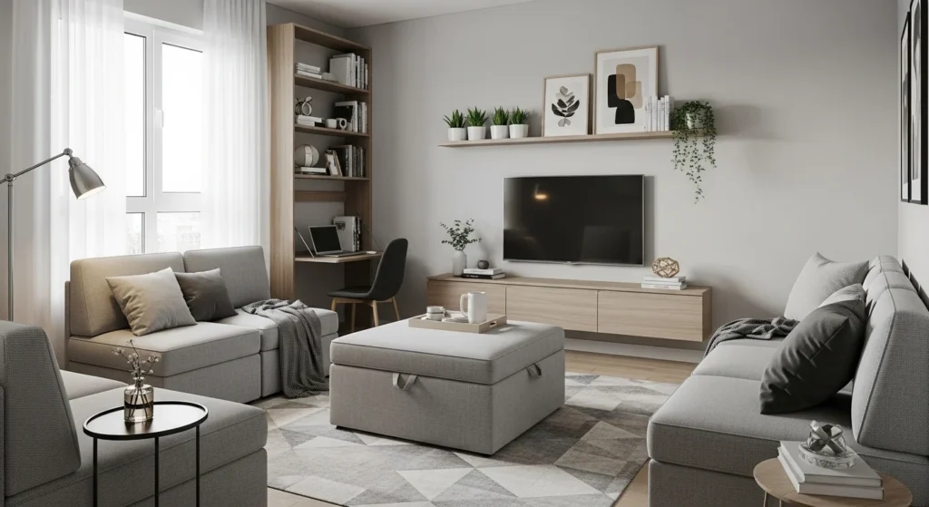 Compact apartment living room using multifunctional furniture for smart space saving