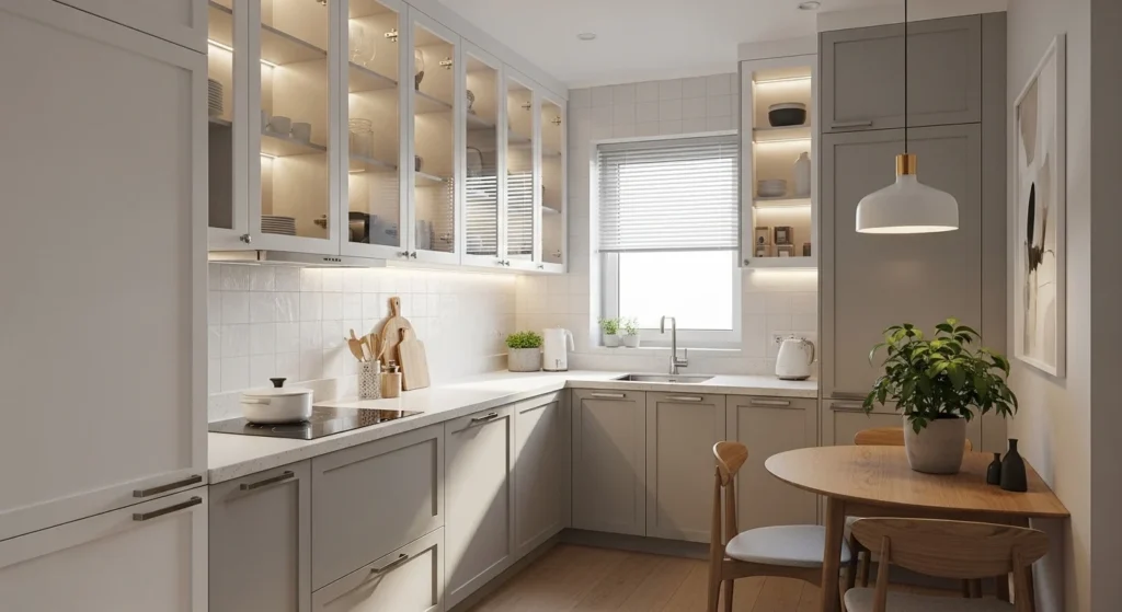 : Small kitchen featuring glass-front cabinets creating a lighter and more open feel
