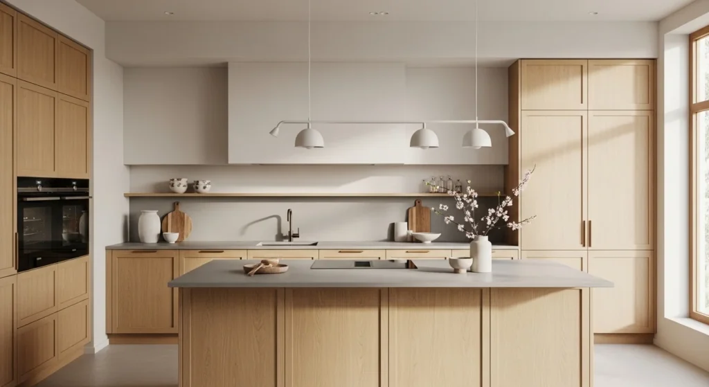 Japandi-style kitchen combining Scandinavian simplicity and Japanese warmth with natural materials.