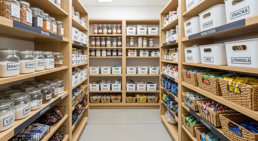 Small pantry with labeled containers and baskets for easy organization