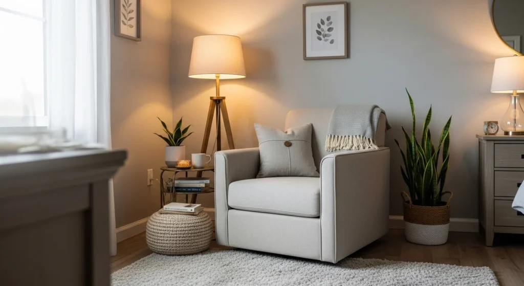 Comfortable reading corner inside a cozy bedroom with chair and warm lamp lighting