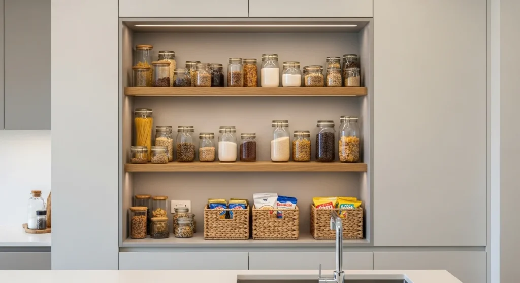 Built-in pantry shelves integrated into kitchen wall for compact storage