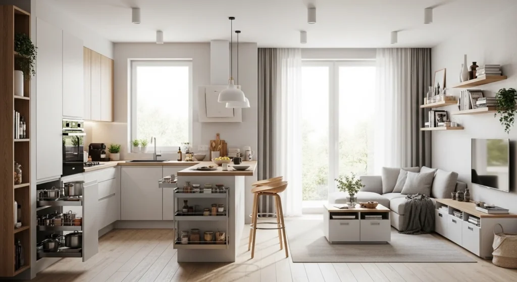 Compact open kitchen living room using light colors and smart furniture for a spacious feel