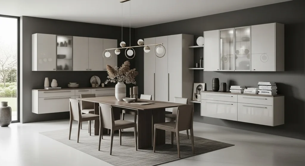Modern dining room featuring built-in cabinets for organized and clean design