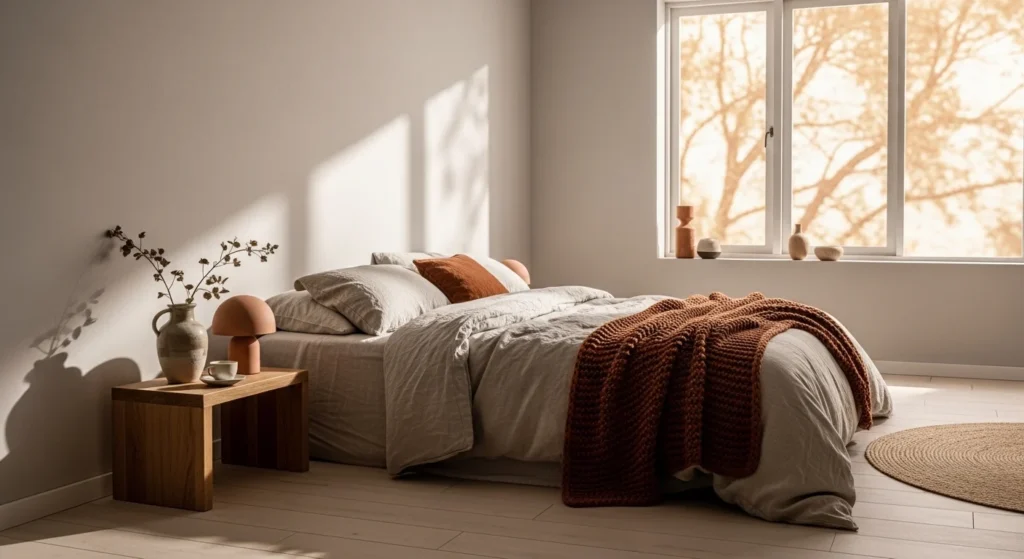 Modern minimalist bedroom with floating nightstands creating an open airy look