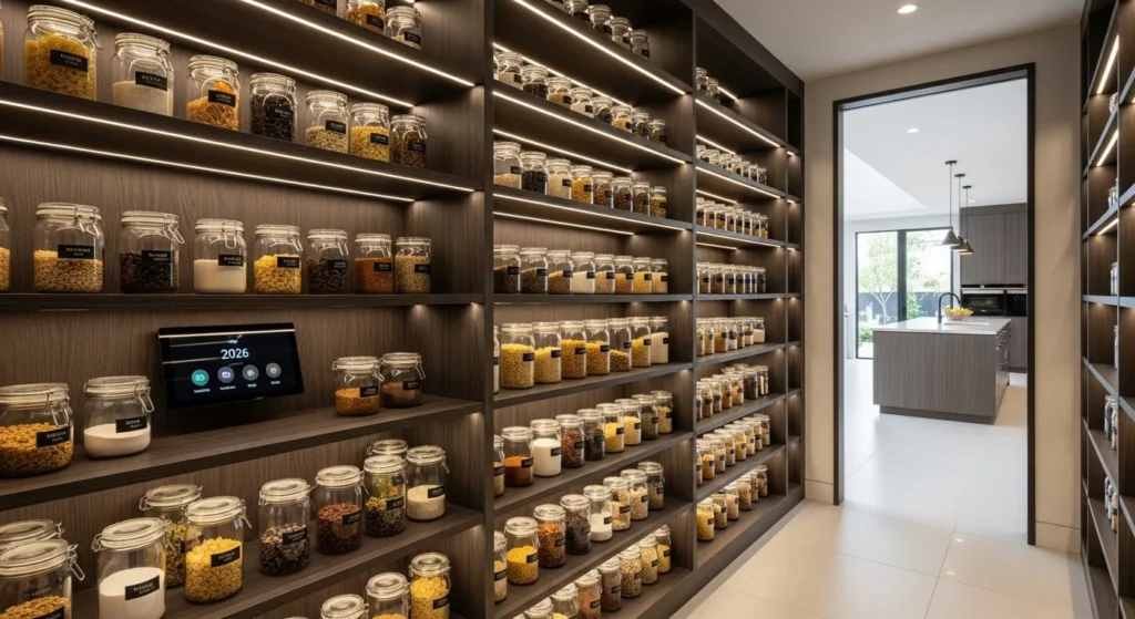 walk-in pantry illuminated with LED lighting enhancing modern storage design