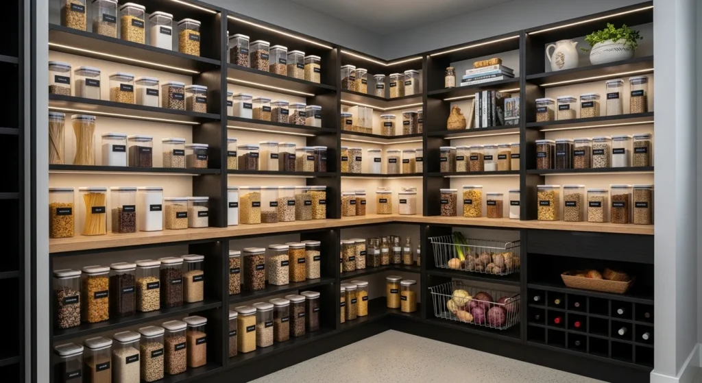 Pantry with adjustable shelves arranged to store containers of different sizes.