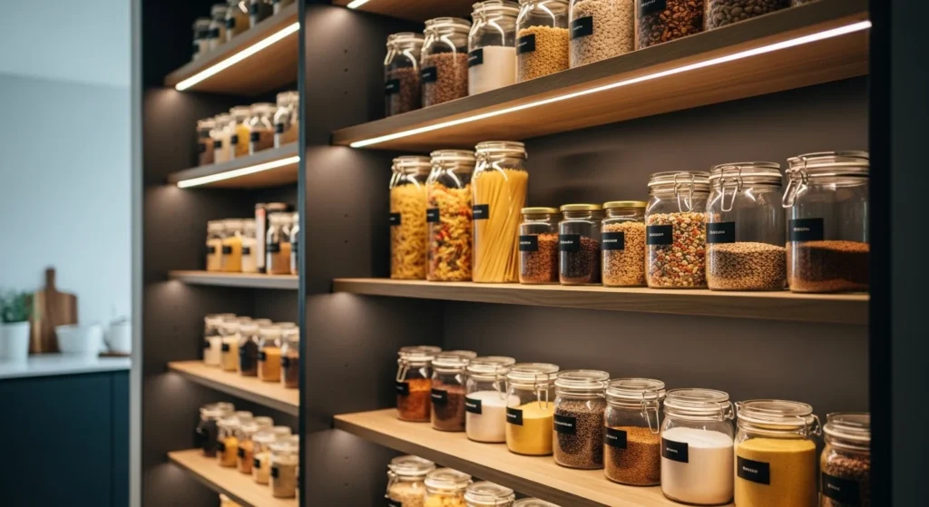 Modern pantry with built-in LED lighting highlighting organized shelves and containers