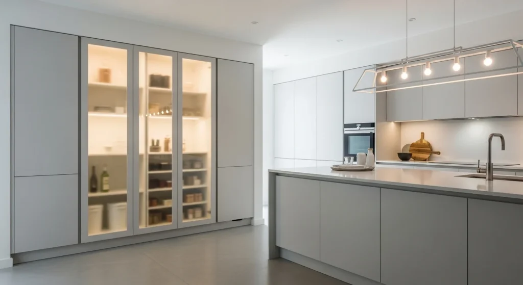 Hidden pantry with frosted glass panel doors adding elegance while softly concealing storage.