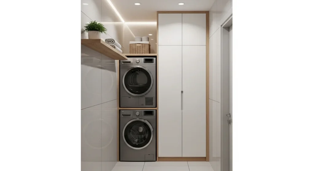 Narrow laundry room with tall slim pantry cabinet beside washer dryer