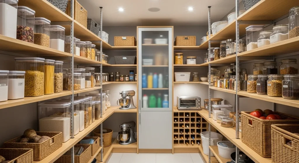 Walk-in pantry with adjustable shelving allowing flexible and customizable storage