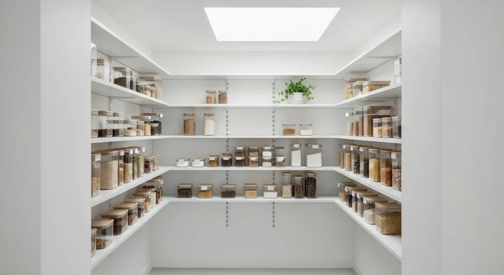 Clean white pantry design with simple shelves and organized modern storage