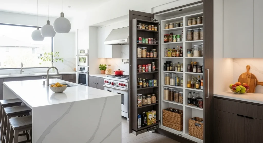 Tall pull-out hidden pantry cabinet displaying organized kitchen storage solutions.