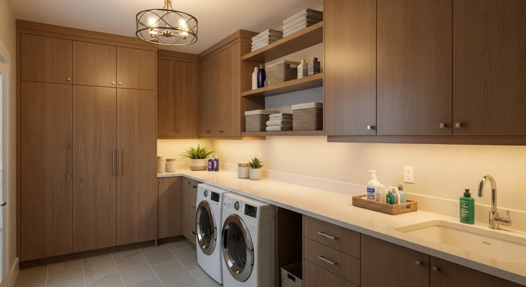 Functional laundry room combining pantry storage with folding counter workspace