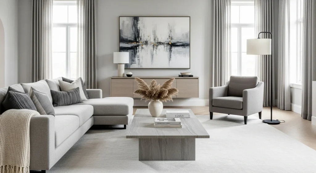 Gray living room featuring a stone coffee table and refined modern styling