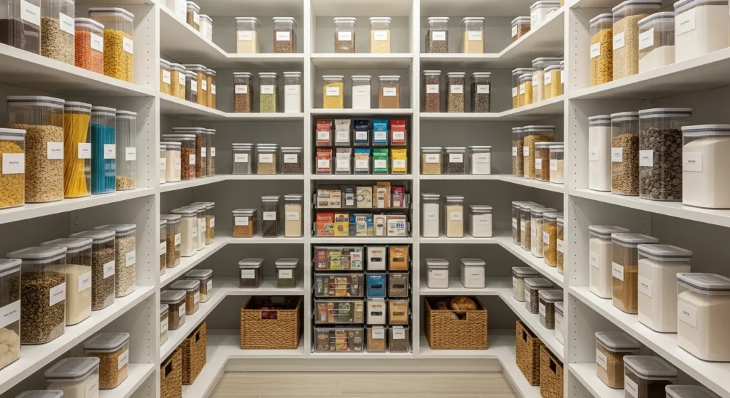 Pantry with color-coded containers creating a visually organized and efficient layout