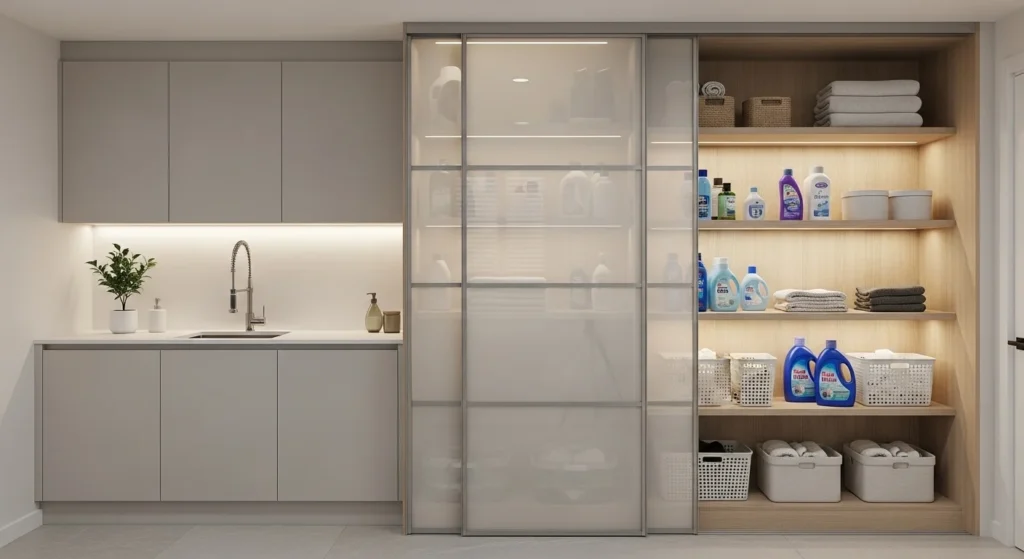 Laundry room pantry hidden behind sliding doors for a space-saving design