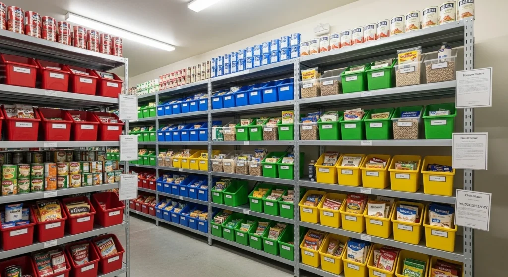 Food pantry with color-coded containers creating a visually organized system