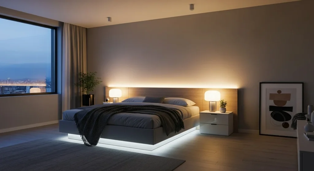 Modern bed with soft LED accent lighting creating a relaxing and stylish bedroom mood