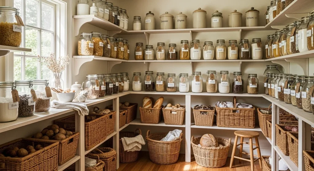 Farmhouse pantry with labeled jars and baskets for organized food storage